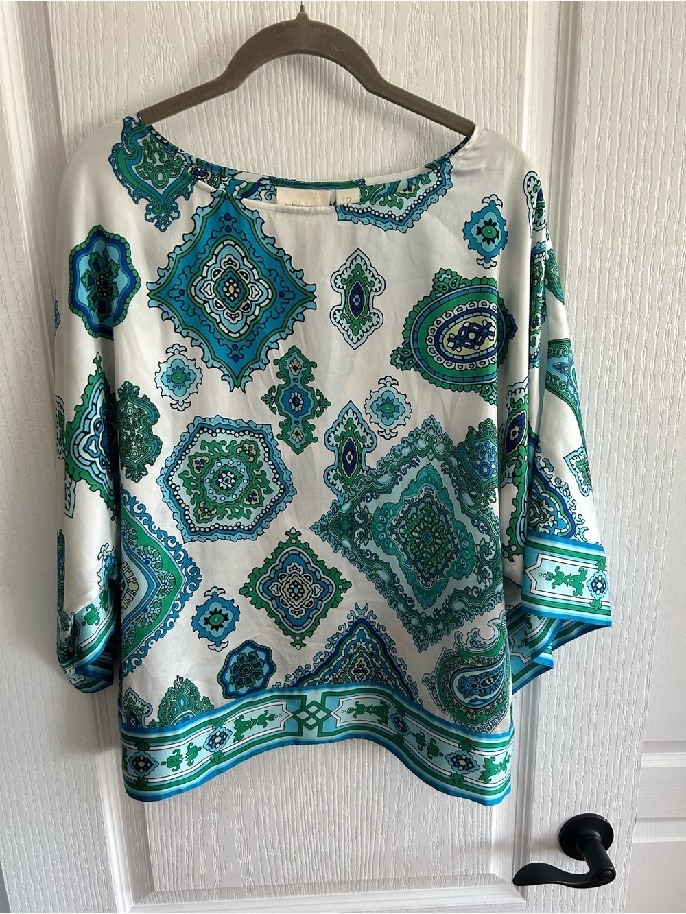 Chico's White Blouse with Green and Teal Medallion Print